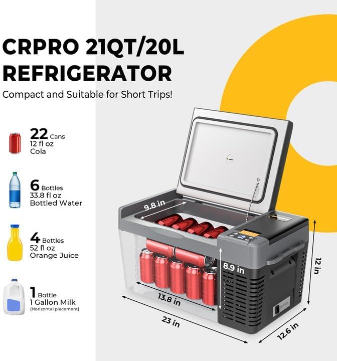 BougeRV CRPRO Nevera de Compresor 12v, 20 Litros Nevera para Coche(-22℃~10℃), 12/24V DC &110-240V AC Nevera Portátil para Coche, 12v Nevera, para Coche, Camping, Viaje, Negro
