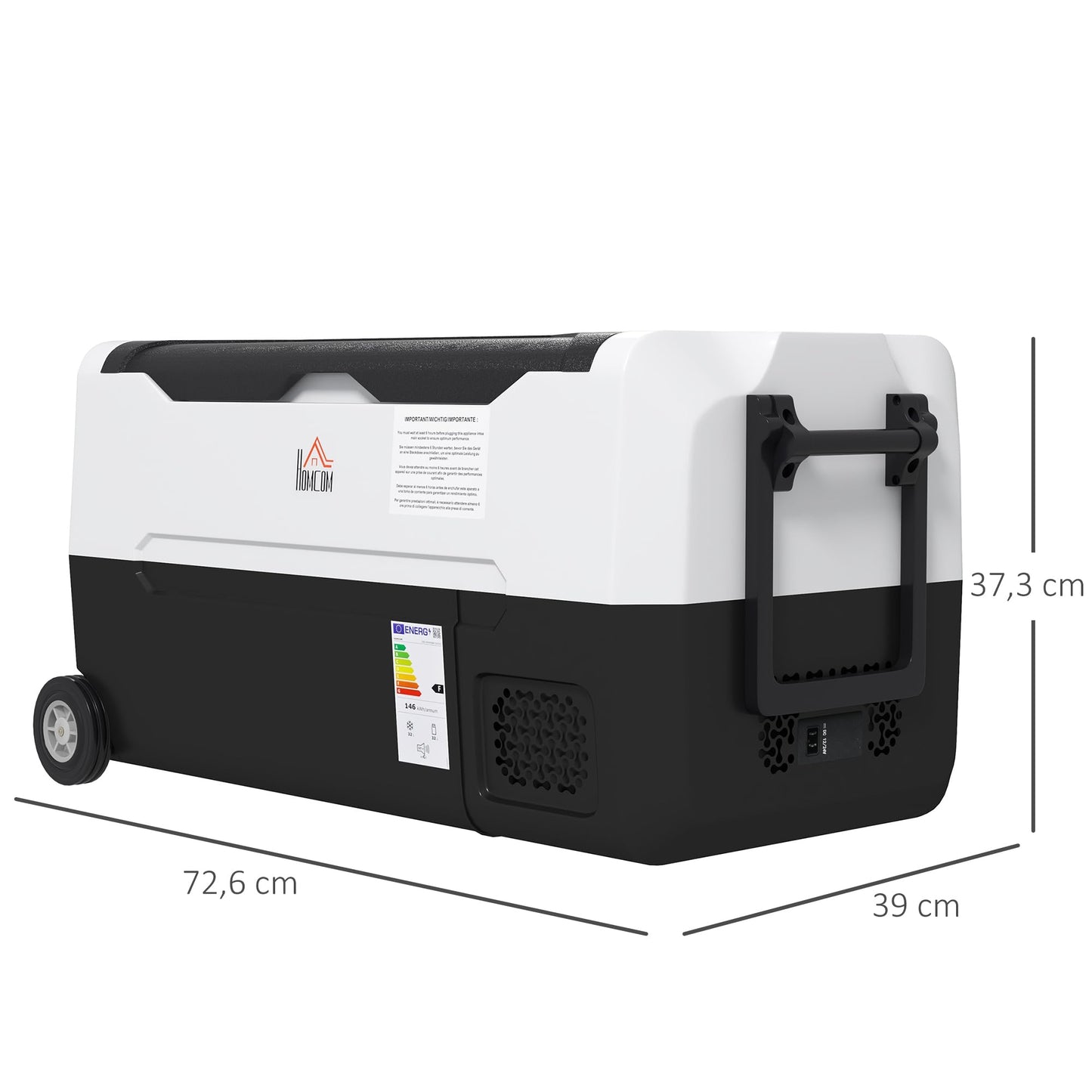 HOMCOM Nevera Compresor Portátil 30,5L Refrigerador de Coche -20℃-20℃ 12 / 24V DC y 100-240V CA con 2 Ruedas Asas y Compartimento Congelador para Camping Viajes 72,6x39x37,3 cm Negro