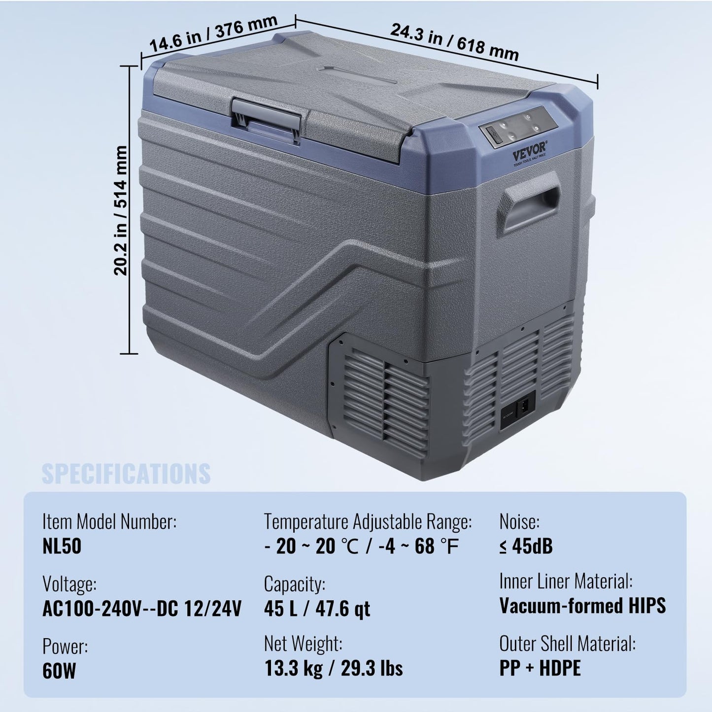 VEVOR Nevera de Compresión Portátil 45 L Mini Nevera para Coche 12/24V CC y 100-240V CA Caja Enfriadora de Zona Única Temperatura Ajustable de -20°C a 20°C para Camión Barco Casa Camping, Gris