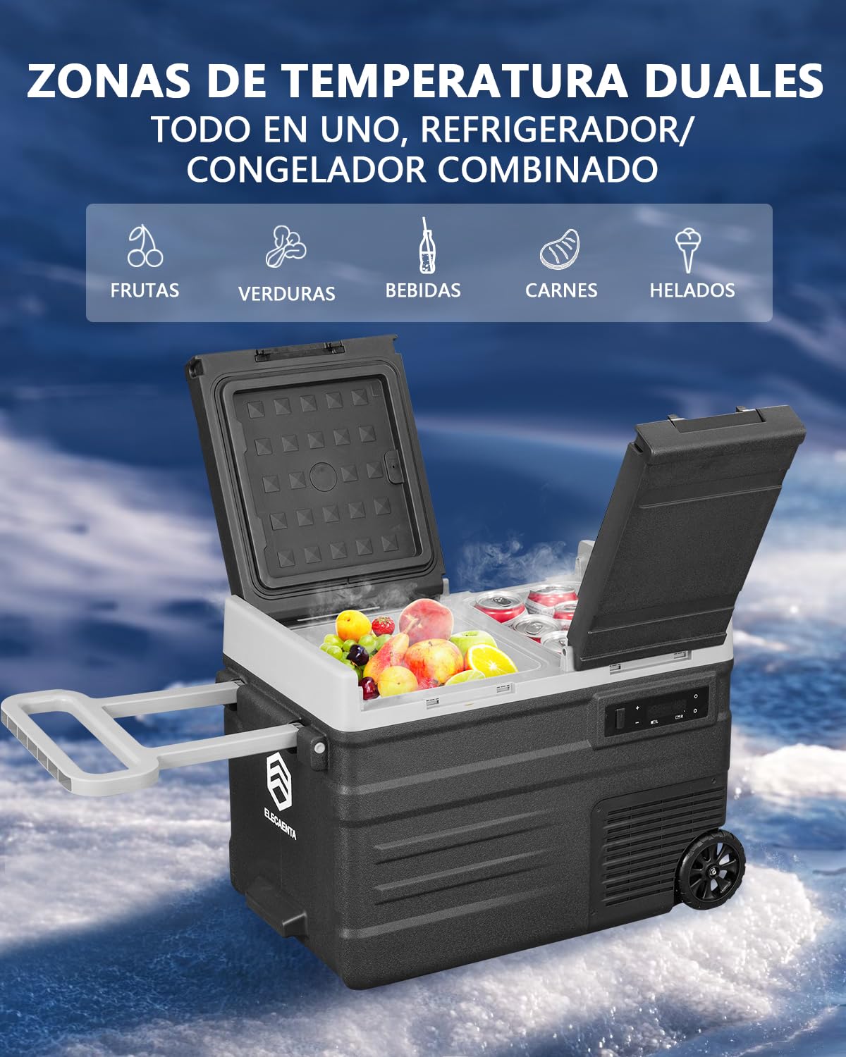 UD45 Nevera Portátil Eléctrica, 40,6L Refrigerador de Coche 12V/24V CC o 100-240V CA, -20ºC a 20ºC Mini Nevera de Coche Para Acampar, Viajar, Camión, Barco, Con Barra de Tracción y Ruedas - Negro