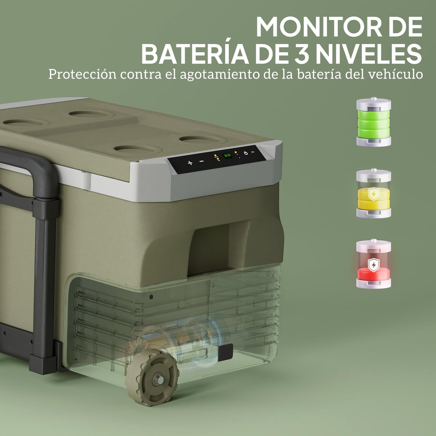 Outsunny Nevera Portátil Eléctrica 30L Refrigerador de Coche -20℃ a +20 ℃ 12V/24V Mini Frigorífico con Ruedas Compresor Pantalla LED Táctil para Hogar Camping Viajes Automóvil 61x39x41,5 cm Verde