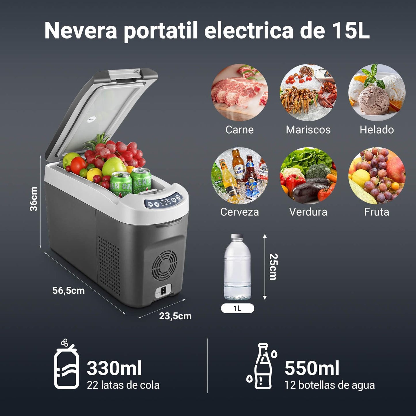 AAOBOSI Nevera Portátil 15 litros, Nevera 12V 24V DC Compresor, con una Capacidad de Cefrigeración de +20℃ a -15℃ para coche, camión, barco y autocaravana