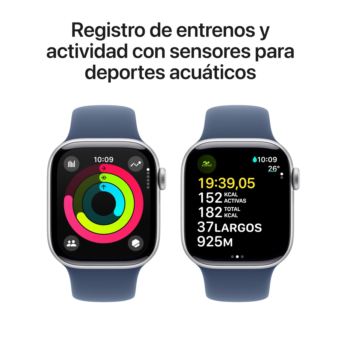 Apple Watch Series 10 GPS Smartwatch con Caja de Aluminio Plata de 42 mm y Correa Deportiva Azul Denim - Talla M/L. Monitor de entreno, App ECG, Pantalla Retina Siempre Activa