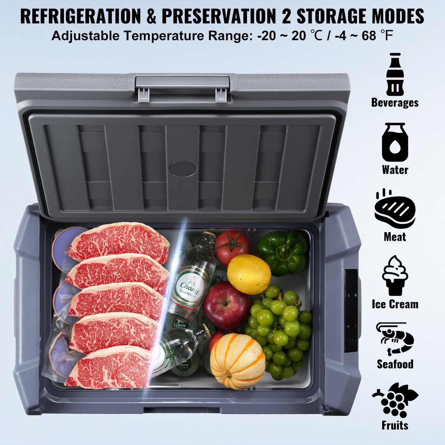 VEVOR Nevera de Compresión Portátil 45 L Mini Nevera para Coche 12/24V CC y 100-240V CA Caja Enfriadora de Zona Única Temperatura Ajustable de -20°C a 20°C para Camión Barco Casa Camping, Gris