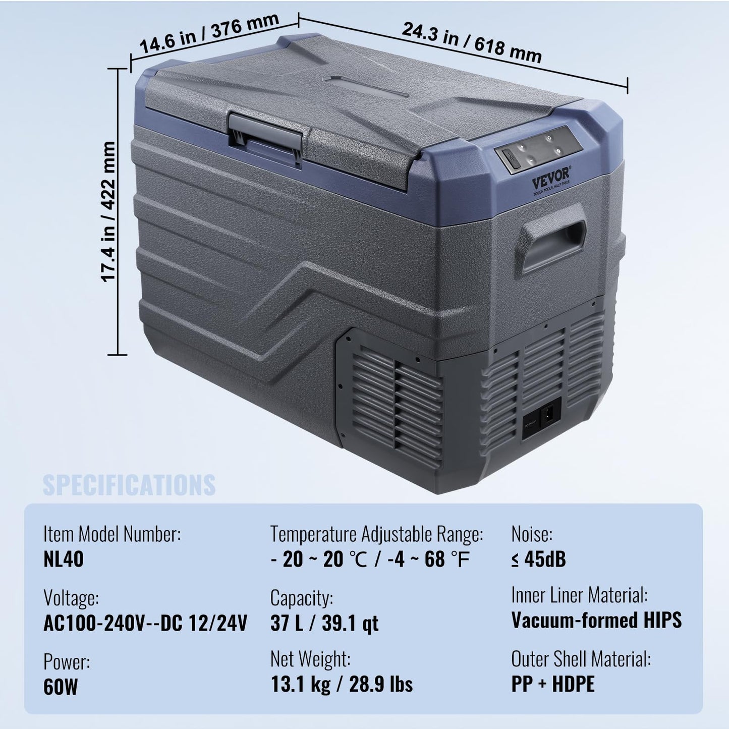 VEVOR Nevera de Compresión Portátil 37 L Mini Nevera para Coche 12/24V CC y 100-240V CA Caja Enfriadora de Zona Única Temperatura Ajustable de -20°C a 20°C para Camión Barco Casa 618 x 376 x 442 mm