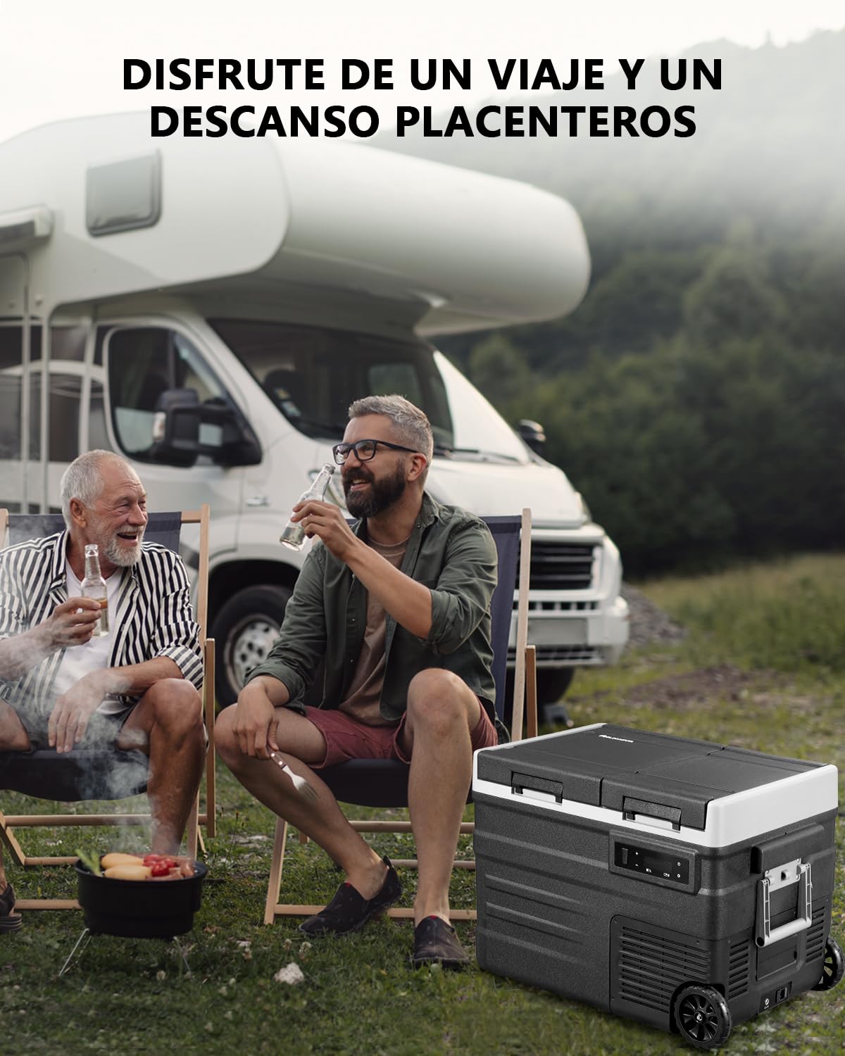UD45 Nevera Portátil Eléctrica, 40,6L Refrigerador de Coche 12V/24V CC o 100-240V CA, -20ºC a 20ºC Mini Nevera de Coche Para Acampar, Viajar, Camión, Barco, Con Barra de Tracción y Ruedas - Negro