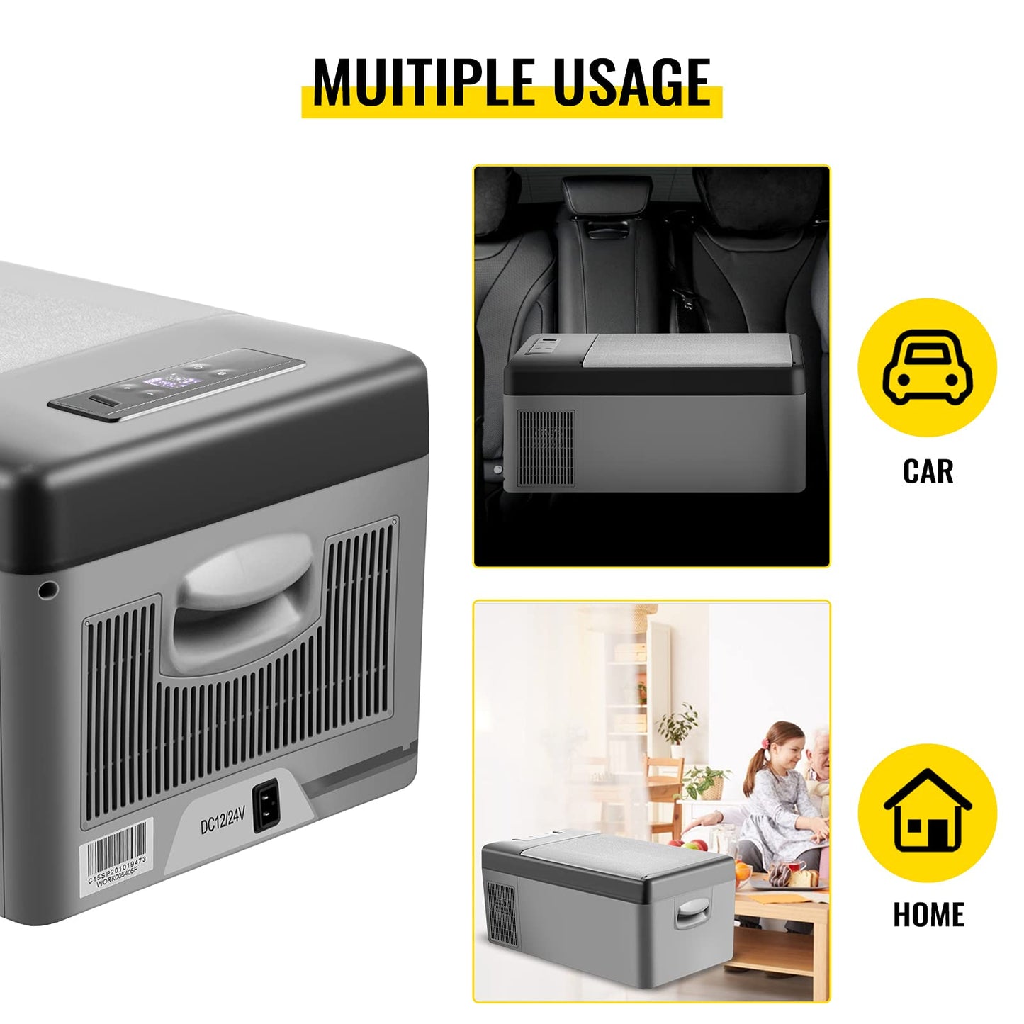 VEVOR Nevera Portátil Eléctrica 15 L 12/24 V Refrigerador Portátil del Automóvil, Nevera de Coche Eléctrica con Batería de Coche de 3 Niveles Modo Dual con Panel de Control LCD Camping, Black