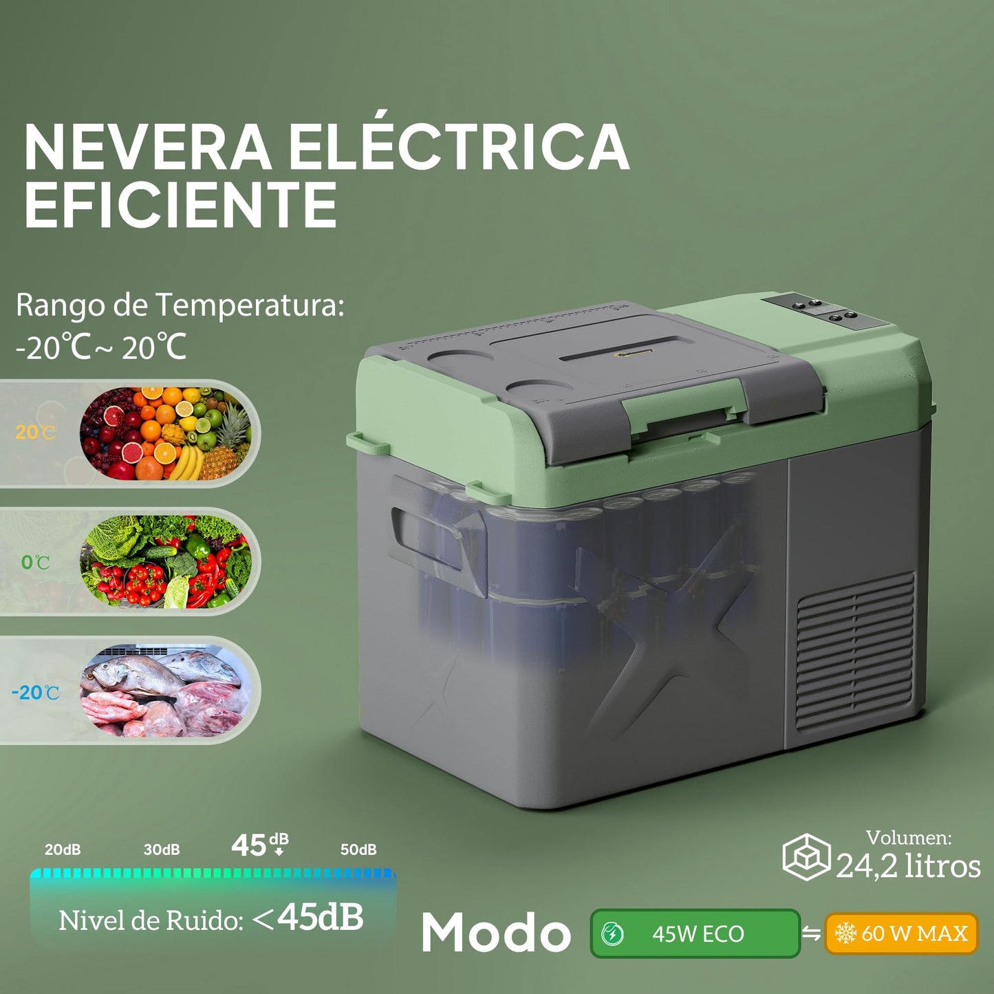 Outsunny Nevera Portátil Eléctrica 24,2L Refrigerador de Coche 12V-220V Mini Frigorífico con Compresor Luz LED Pantalla Digital Modos ECO y MAX de -20℃ a +20 ℃ para Hogar Camping Viajes Automóvil