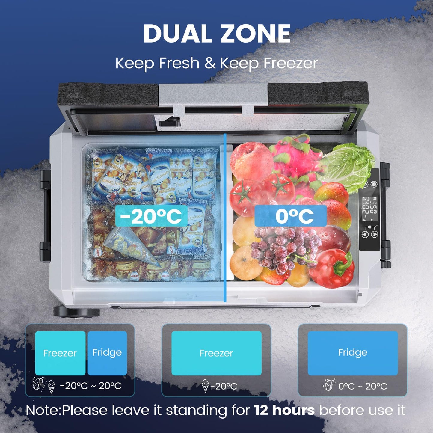 KROAK Nevera Portátil Coche 35L con Doble Zona y Ruedas, -20°C/+20°C Compresor Silencioso 45W para Camping/Viajes Familiares, Alimentación 12/24V DC + 220V AC