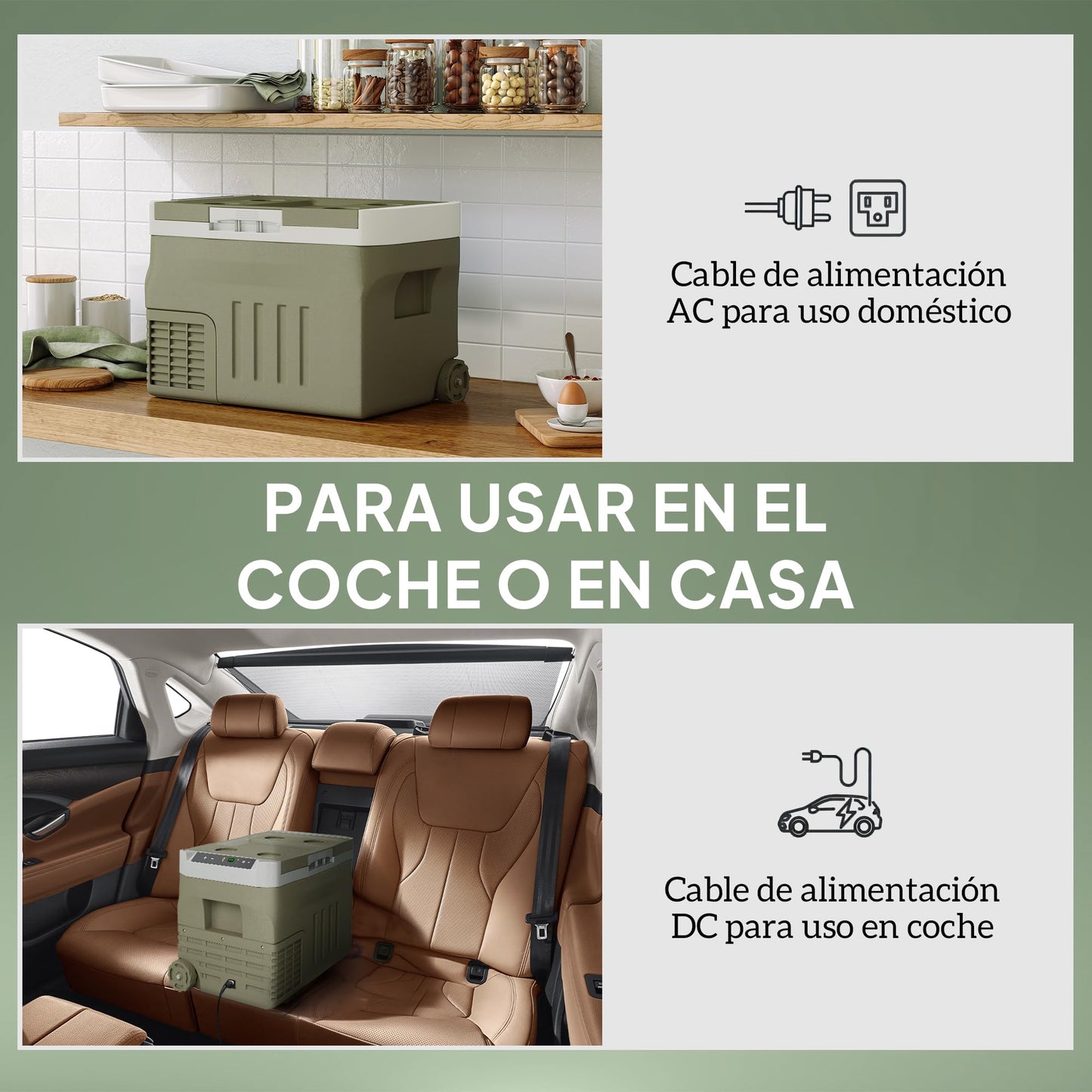 Outsunny Nevera Portátil Eléctrica 30L Refrigerador de Coche -20℃ a +20 ℃ 12V/24V Mini Frigorífico con Ruedas Compresor Pantalla LED Táctil para Hogar Camping Viajes Automóvil 61x39x41,5 cm Verde