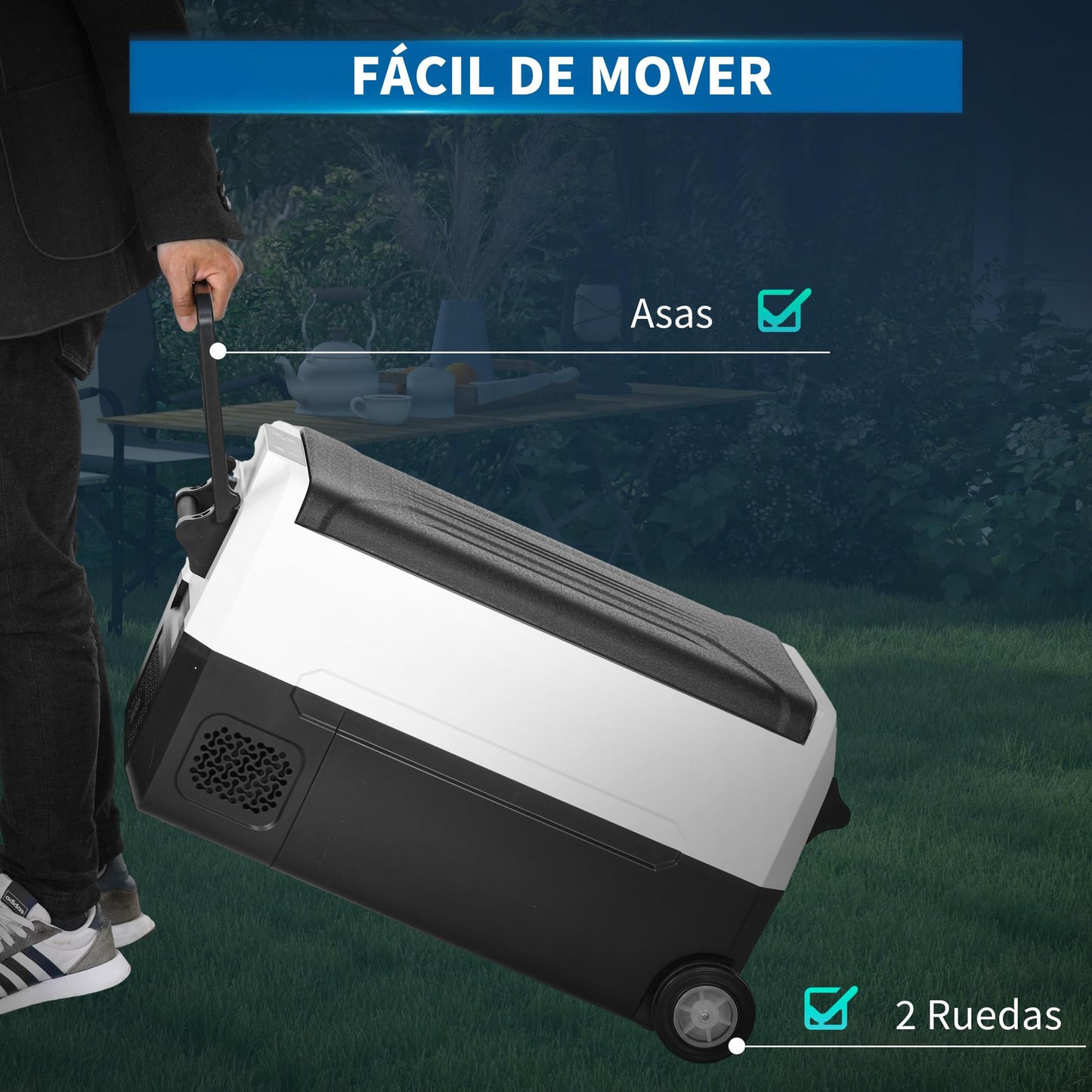 HOMCOM Nevera Compresor Portátil 30,5L Refrigerador de Coche -20℃-20℃ 12 / 24V DC y 100-240V CA con 2 Ruedas Asas y Compartimento Congelador para Camping Viajes 72,6x39x37,3 cm Negro