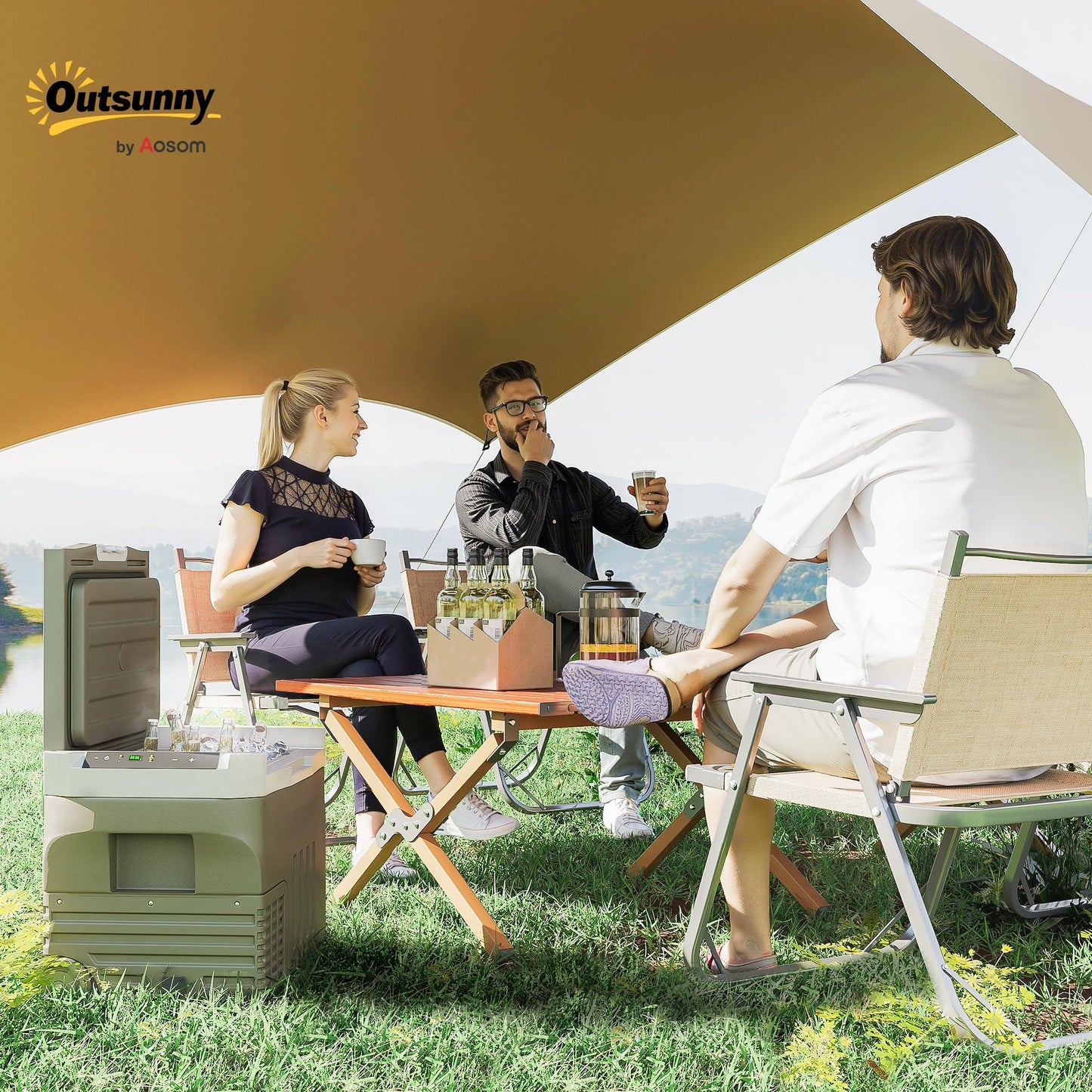 Outsunny Nevera Portátil Eléctrica 30L Refrigerador de Coche -20℃ a +20 ℃ 12V/24V Mini Frigorífico con Ruedas Compresor Pantalla LED Táctil para Hogar Camping Viajes Automóvil 61x39x41,5 cm Verde