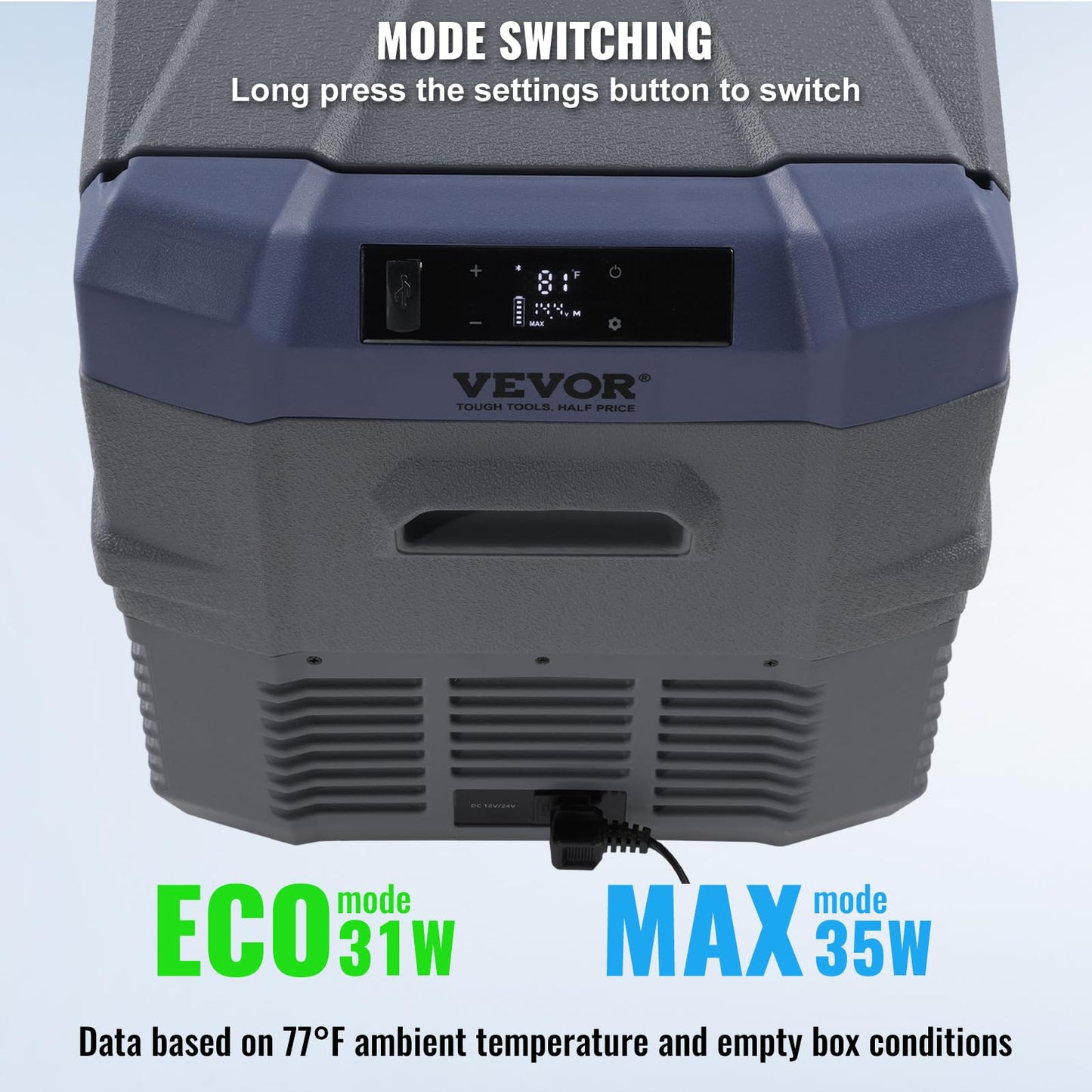VEVOR Nevera de Compresión Portátil 37 L Mini Nevera para Coche 12/24V CC y 100-240V CA Caja Enfriadora de Zona Única Temperatura Ajustable de -20°C a 20°C para Camión Barco Casa 618 x 376 x 442 mm