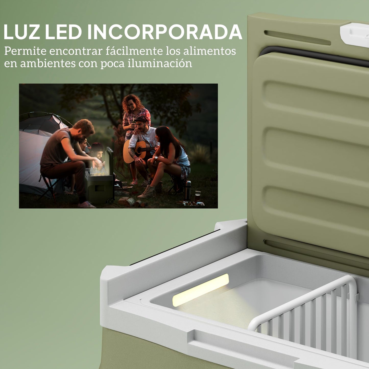Outsunny Nevera Portátil Eléctrica 30L Refrigerador de Coche -20℃ a +20 ℃ 12V/24V Mini Frigorífico con Ruedas Compresor Pantalla LED Táctil para Hogar Camping Viajes Automóvil 61x39x41,5 cm Verde