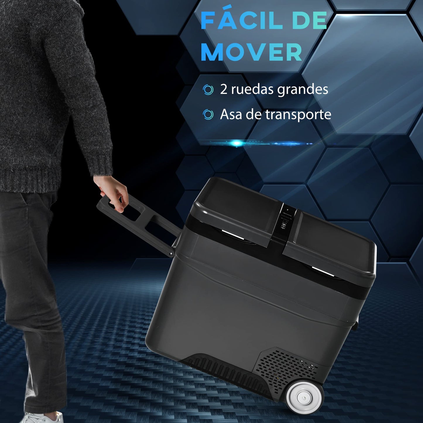 Outsunny Nevera Compresor Portátil 45L Nevera Portátil Eléctrica para Coche Congelador CC 12V/24V hasta -22℃ con Pantalla LED Táctil Asa Retráctil Ruedas para Camping Viajes 63,2x42x50,8 cm Negro
