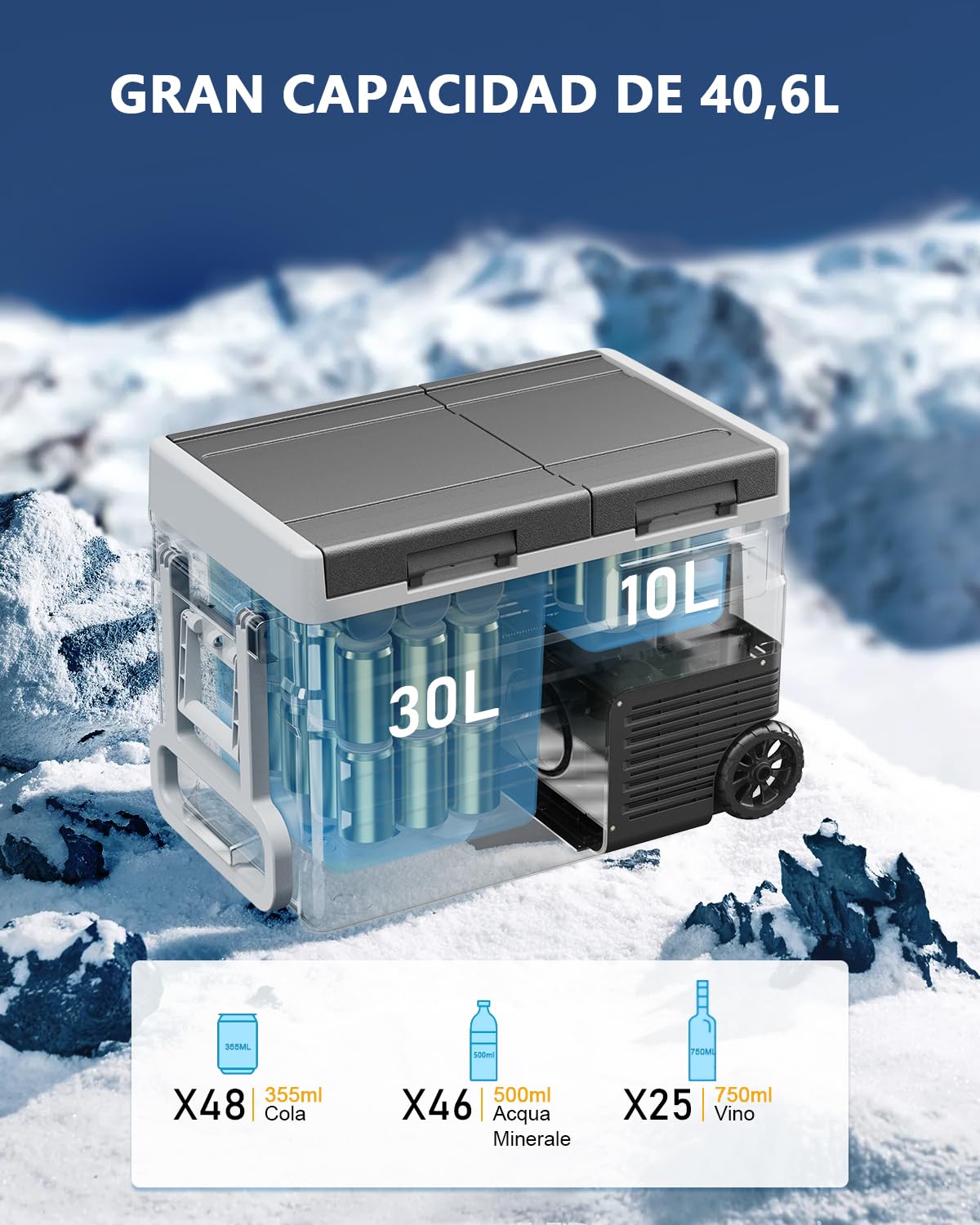 UD45 Nevera Portátil Eléctrica, 40,6L Refrigerador de Coche 12V/24V CC o 100-240V CA, -20ºC a 20ºC Mini Nevera de Coche Para Acampar, Viajar, Camión, Barco, Con Barra de Tracción y Ruedas - Negro