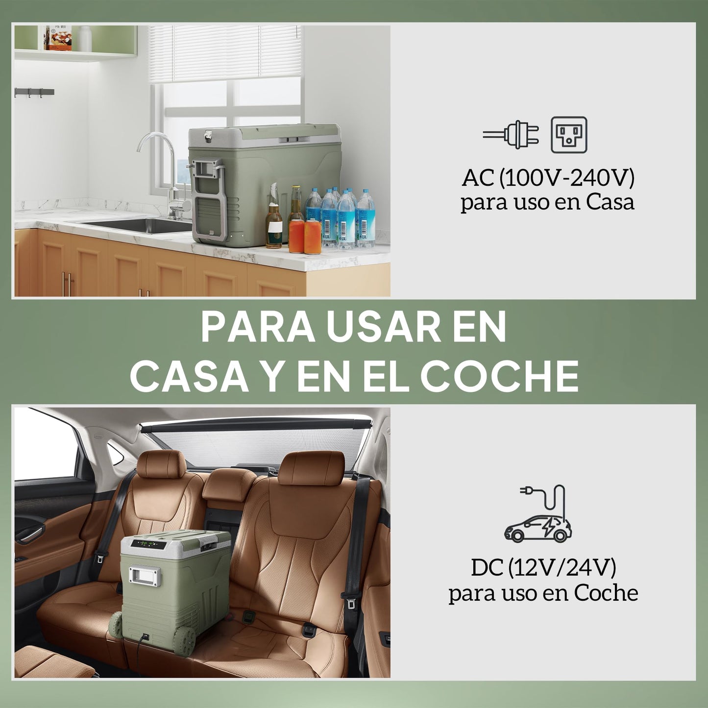 Outsunny Nevera Portátil Eléctrica 45L Refrigerador de Coche -20℃ a +20 ℃ 12V/24V Mini Frigorífico con Ruedas Compresor Pantalla LED Táctil para Hogar Camping Viajes Automóvil 64,5x43,5x53 cm Verde