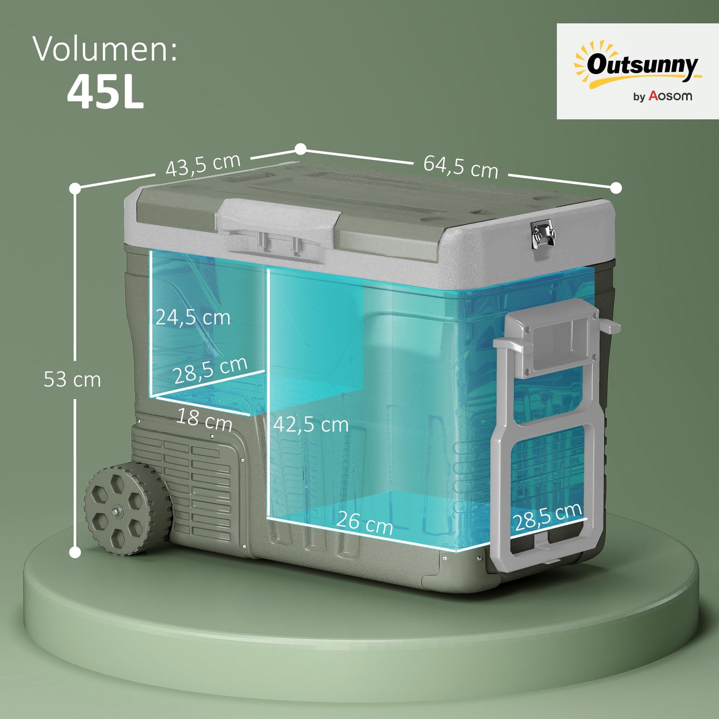 Outsunny Nevera Portátil Eléctrica 45L Refrigerador de Coche -20℃ a +20 ℃ 12V/24V Mini Frigorífico con Ruedas Compresor Pantalla LED Táctil para Hogar Camping Viajes Automóvil 64,5x43,5x53 cm Verde