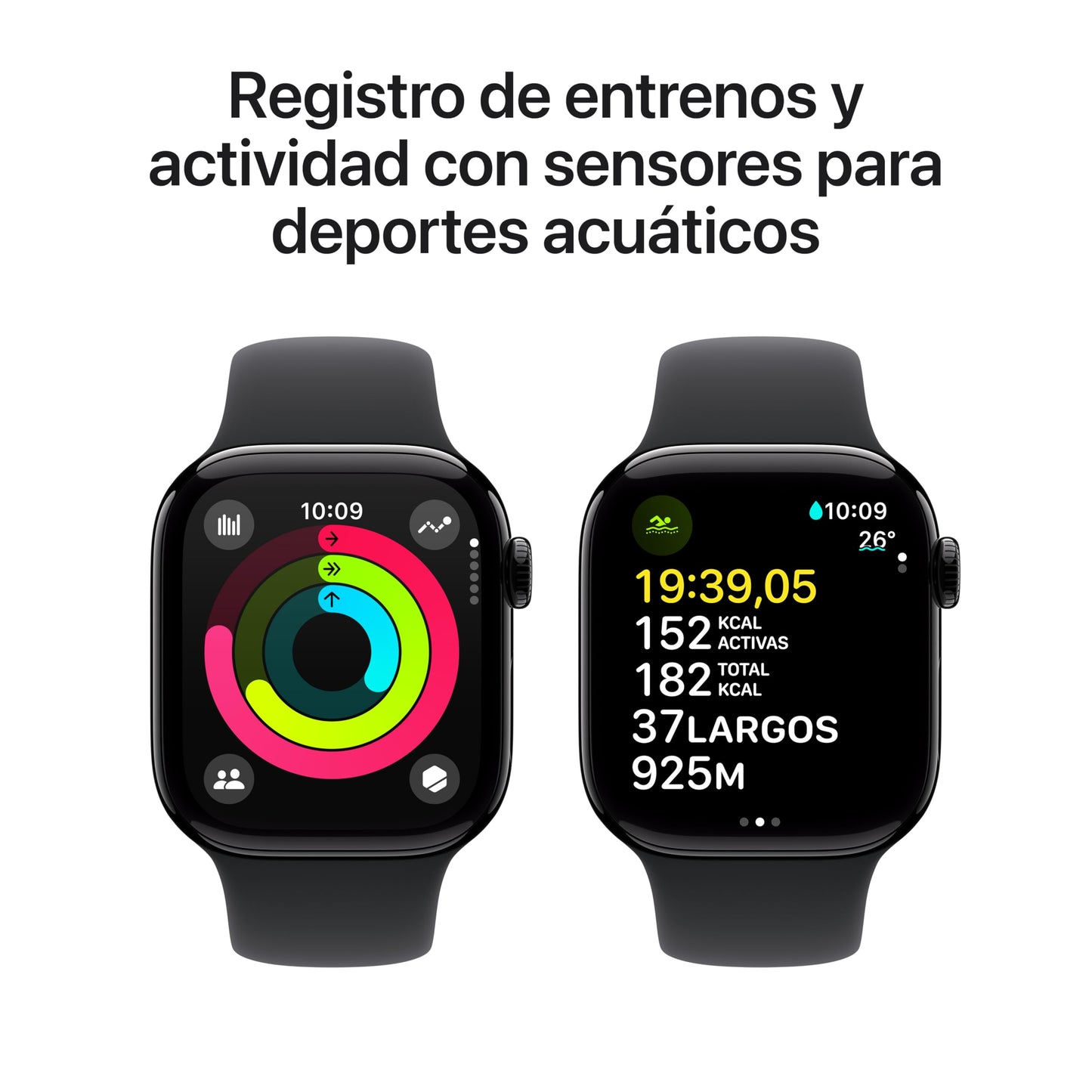 Apple Watch Series 10 GPS Smartwatch con Caja de Aluminio Negro Brillante de 42 mm y Correa Deportiva Negro - Talla M/L. Monitor de entreno, App ECG, Pantalla Retina Siempre Activa
