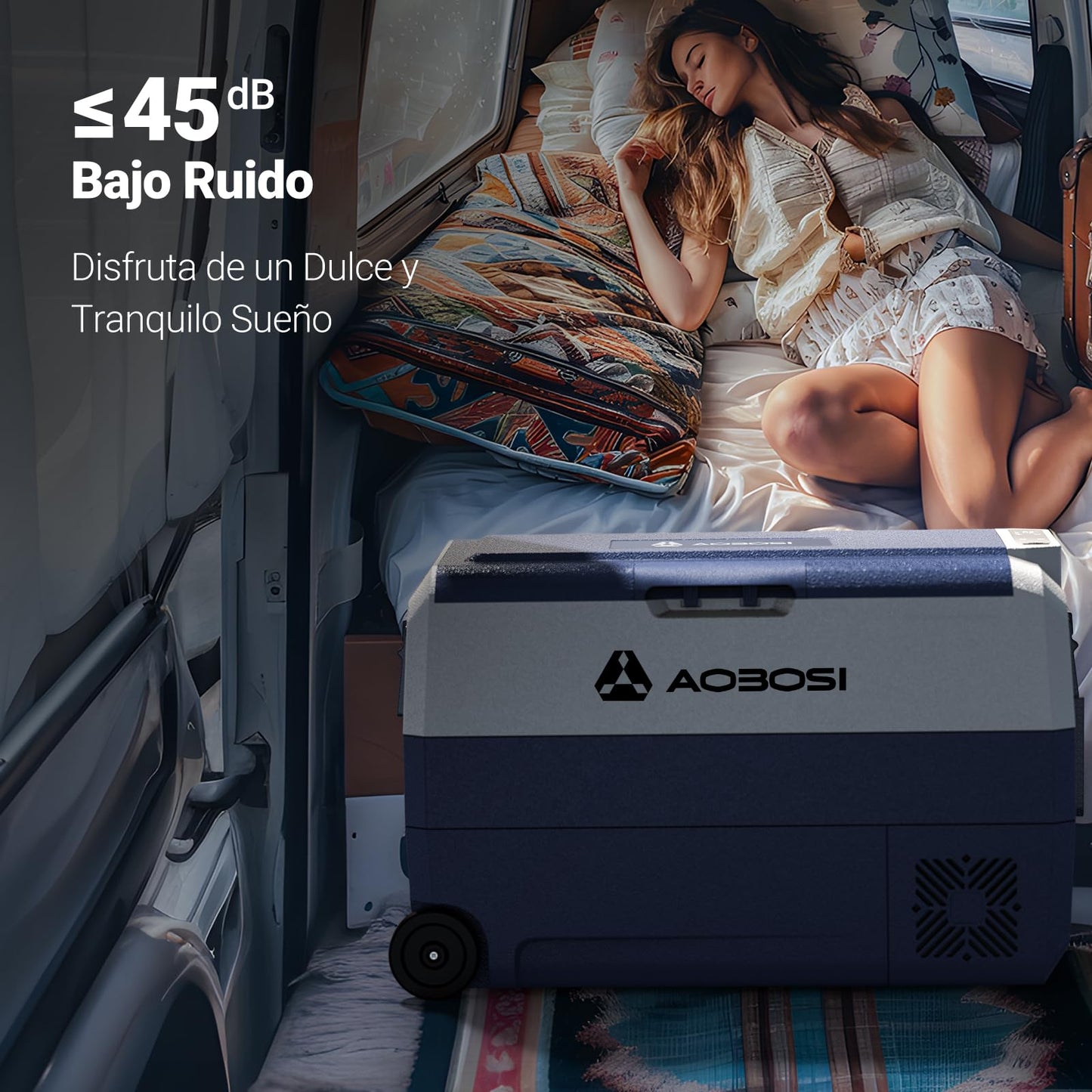 AAOBOSI 50l Nevera Portatil con Ruedas, Nevera Compresor con APP y Puerto USB, Nevera Camping 20 °C a -20 °C, 12/24V DC,100-240V AC, para Hogar, Camping, Viajes, Coche, Barco y Autocaravana,Zona únicr