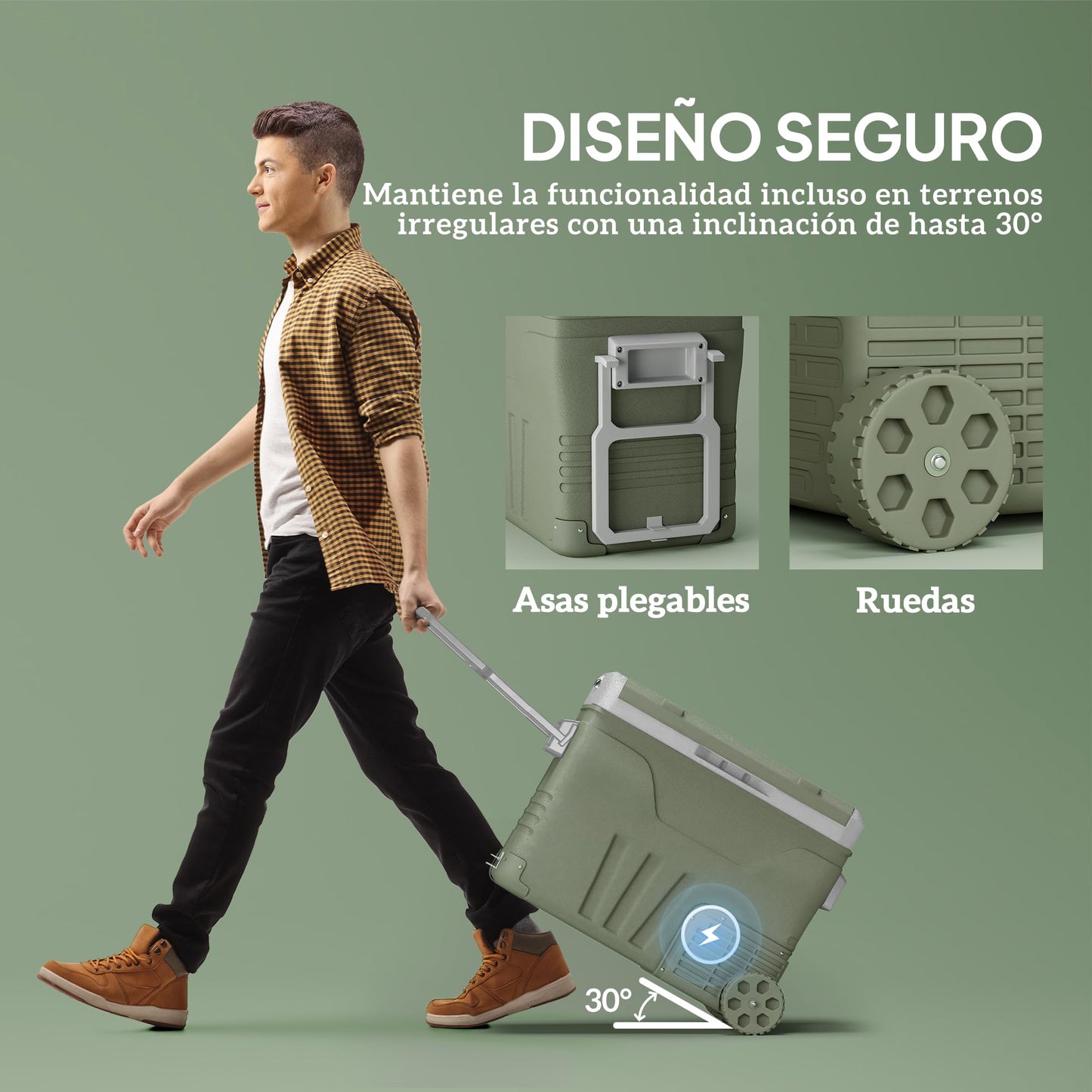 Outsunny Nevera Portátil Eléctrica 45L Refrigerador de Coche -20℃ a +20 ℃ 12V/24V Mini Frigorífico con Ruedas Compresor Pantalla LED Táctil para Hogar Camping Viajes Automóvil 64,5x43,5x53 cm Verde