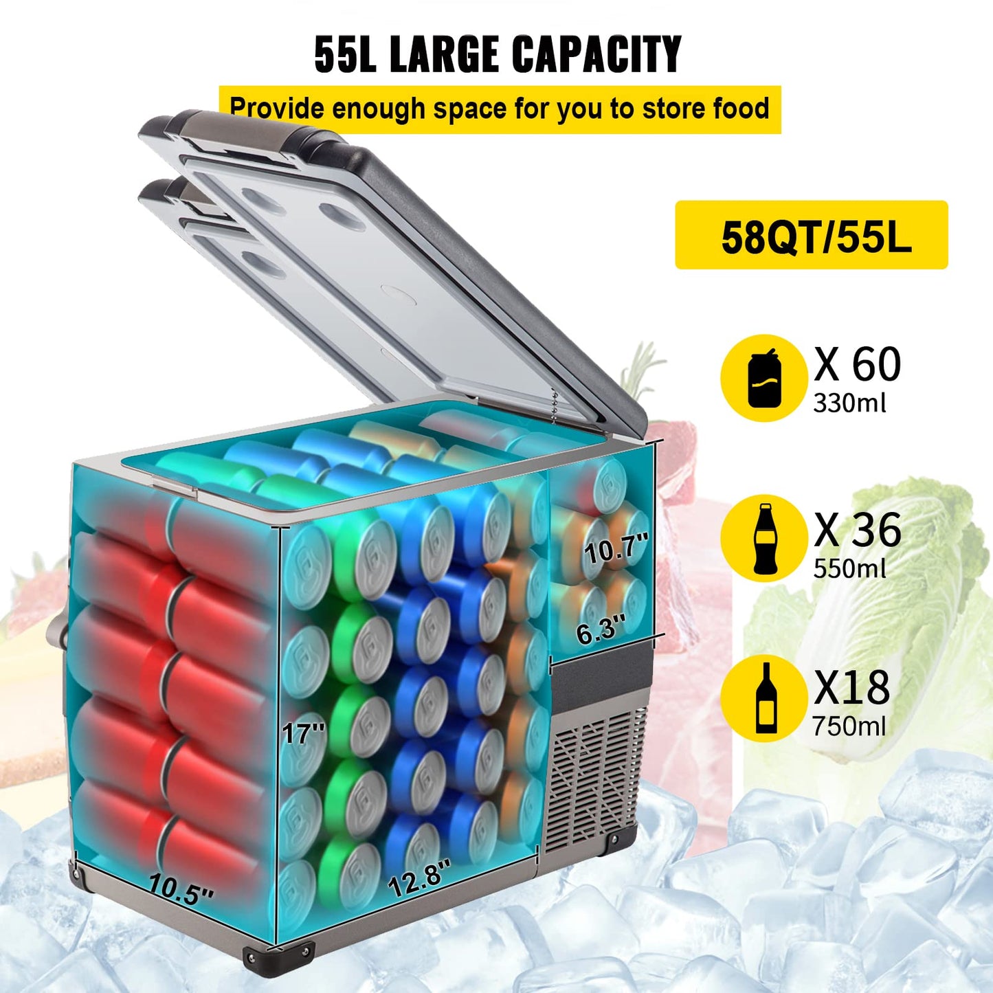 VEVOR Refrigerador para Coche 55 L Mini Caja del Congelador Caja Fresca Frigorífico Coche Nevera -20 a 10 Grados Centígrados para Camping Caravanas Picnics Festivales