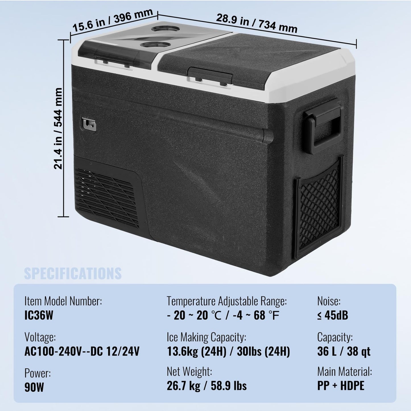 VEVOR Refrigerador Portátil para Automóvil, con Función de Fabricación de Hielo, Doble Zona de 36 L, Temperatura Ajustable de -20~20 ℃, con Compresor para Acampar, Automóvil, 734 x 396 x 544 mm