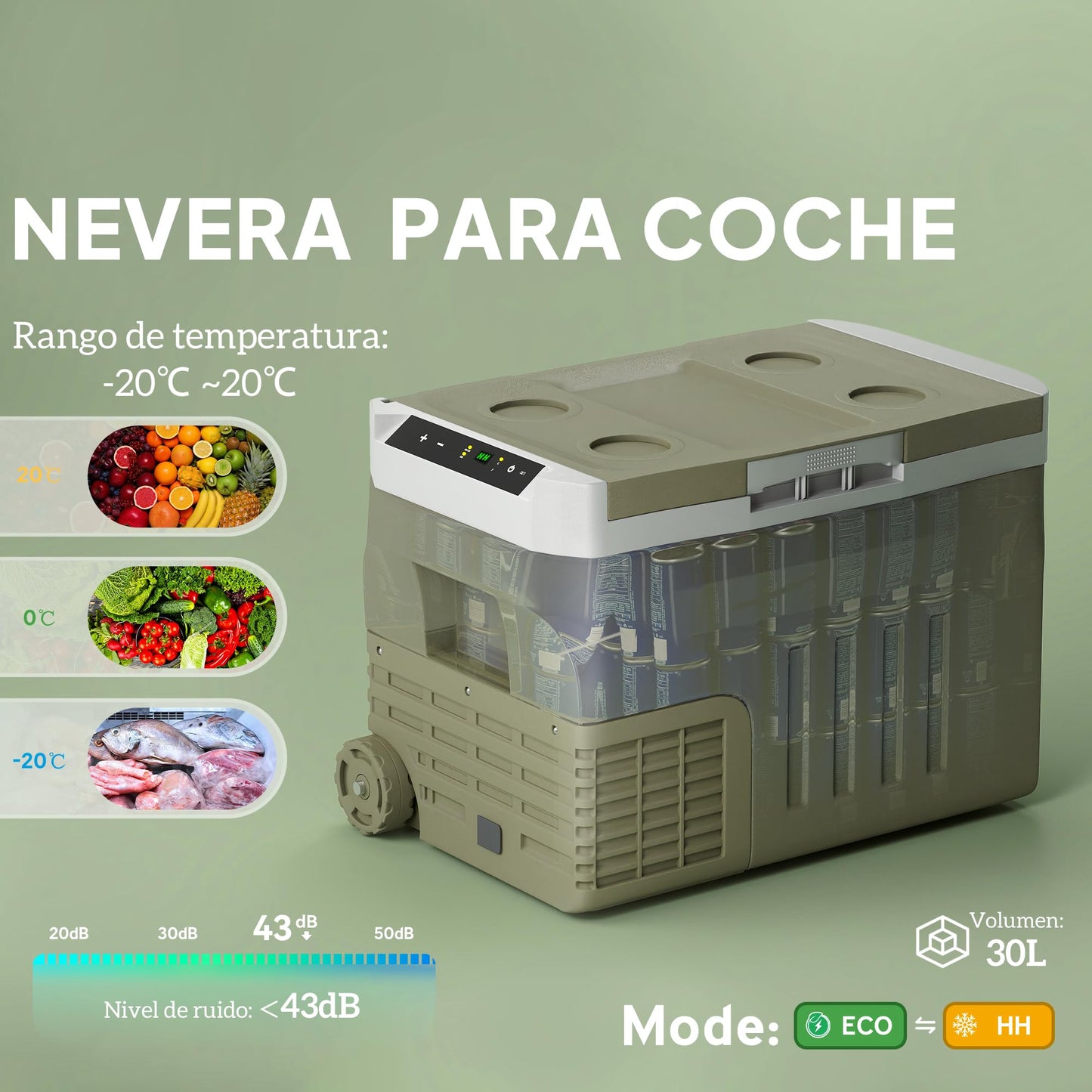 Outsunny Nevera Portátil Eléctrica 30L Refrigerador de Coche -20℃ a +20 ℃ 12V/24V Mini Frigorífico con Ruedas Compresor Pantalla LED Táctil para Hogar Camping Viajes Automóvil 61x39x41,5 cm Verde