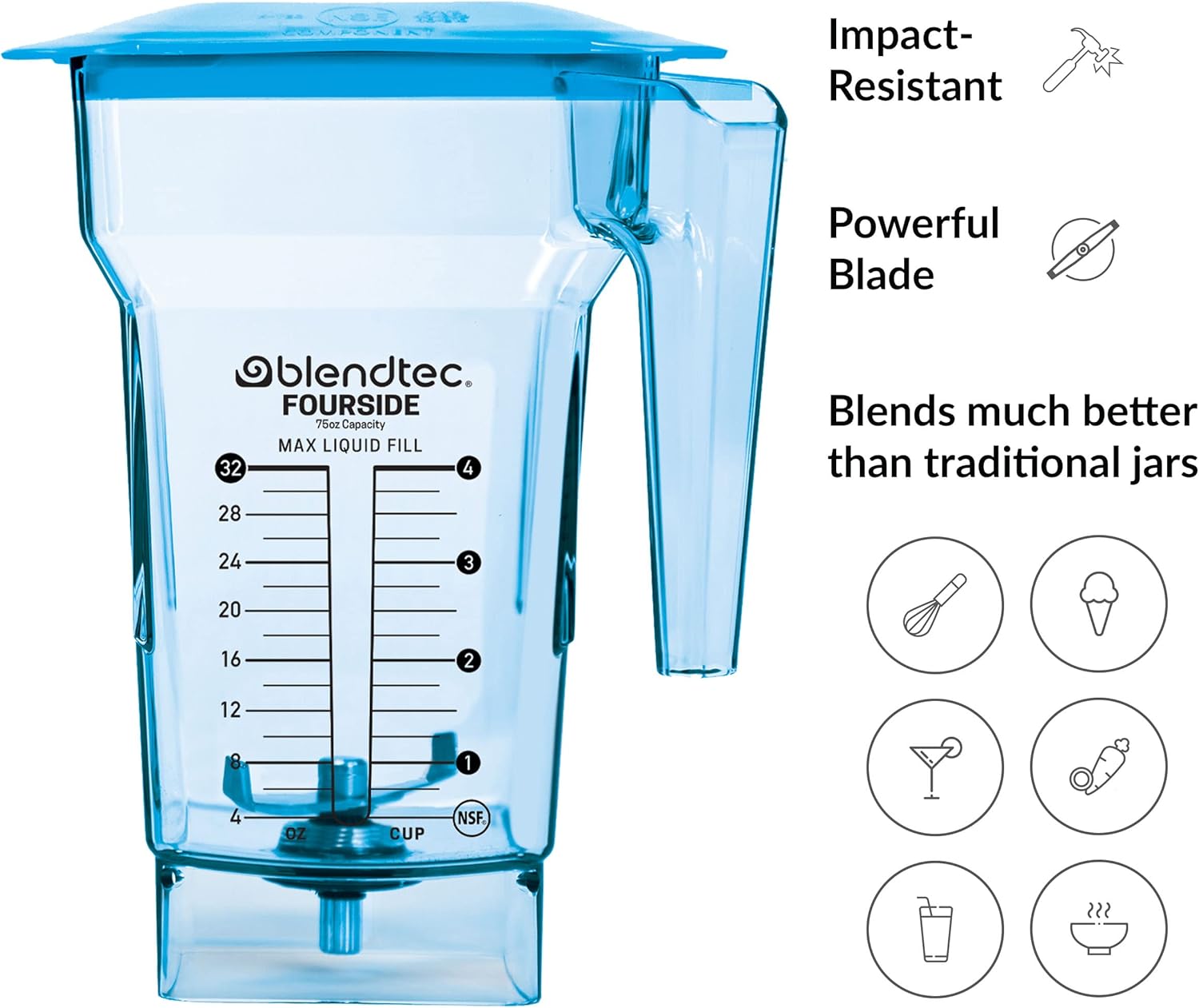 Blendtec 40-612-62 - Tarro de cuatro lados (75 onzas), acero inoxidable, color azul