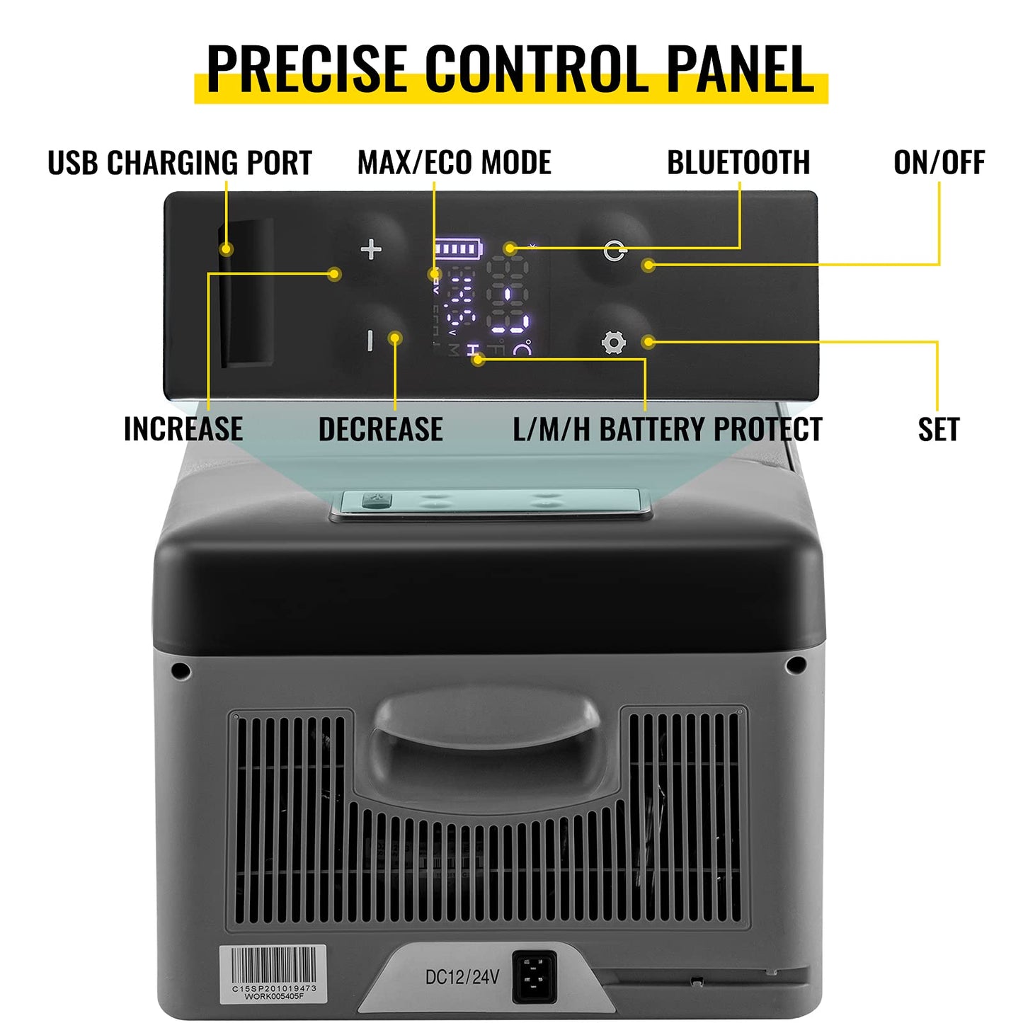 VEVOR Nevera Portátil Eléctrica 15 L 12/24 V Refrigerador Portátil del Automóvil, Nevera de Coche Eléctrica con Batería de Coche de 3 Niveles Modo Dual con Panel de Control LCD Camping, Black