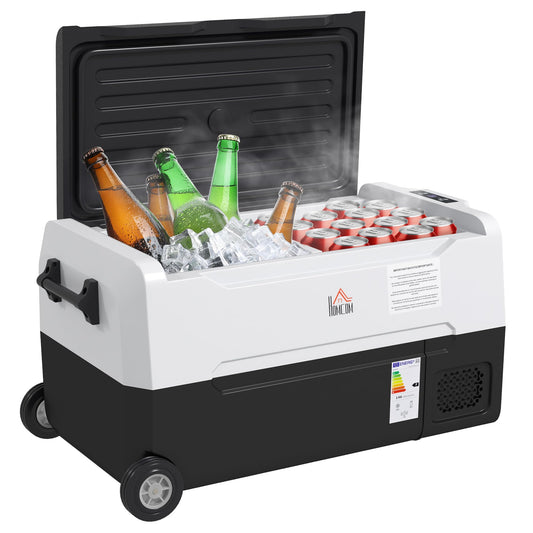 HOMCOM Nevera Compresor Portátil 30,5L Refrigerador de Coche -20℃-20℃ 12 / 24V DC y 100-240V CA con 2 Ruedas Asas y Compartimento Congelador para Camping Viajes 72,6x39x37,3 cm Negro
