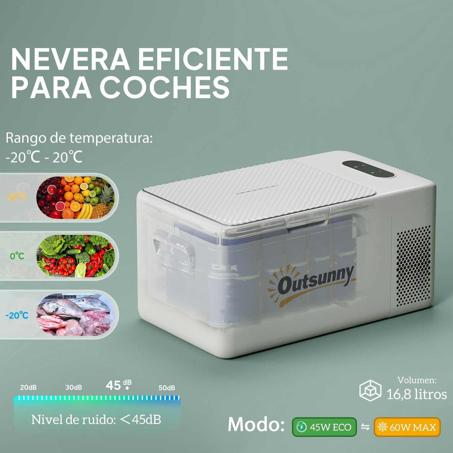 Outsunny Nevera Portátil Eléctrica 16,8L Refrigerador de Coche 12V-220V Mini Frigorífico con Compresor Luz LED Pantalla Digital Modos ECO y MAX de -20℃ a +20 ℃ para Hogar Camping Viajes Automóvil