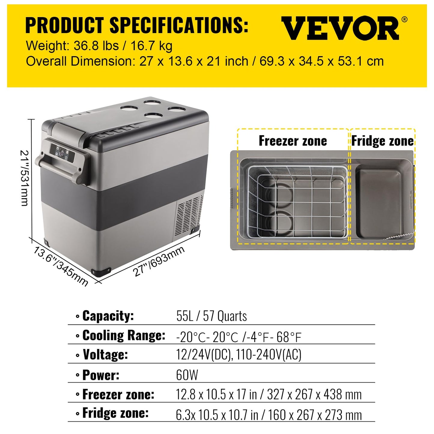VEVOR Refrigerador para Coche 55 L Mini Caja del Congelador Caja Fresca Frigorífico Coche Nevera -20 a 10 Grados Centígrados para Camping Caravanas Picnics Festivales