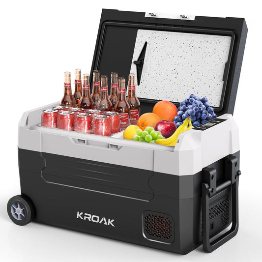 KROAK Nevera Portátil Coche 35L con Doble Zona y Ruedas, -20°C/+20°C Compresor Silencioso 45W para Camping/Viajes Familiares, Alimentación 12/24V DC + 220V AC