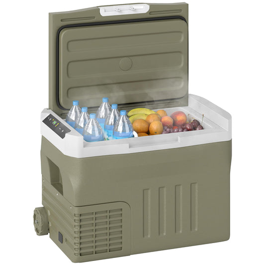 Outsunny Nevera Portátil Eléctrica 30L Refrigerador de Coche -20℃ a +20 ℃ 12V/24V Mini Frigorífico con Ruedas Compresor Pantalla LED Táctil para Hogar Camping Viajes Automóvil 61x39x41,5 cm Verde