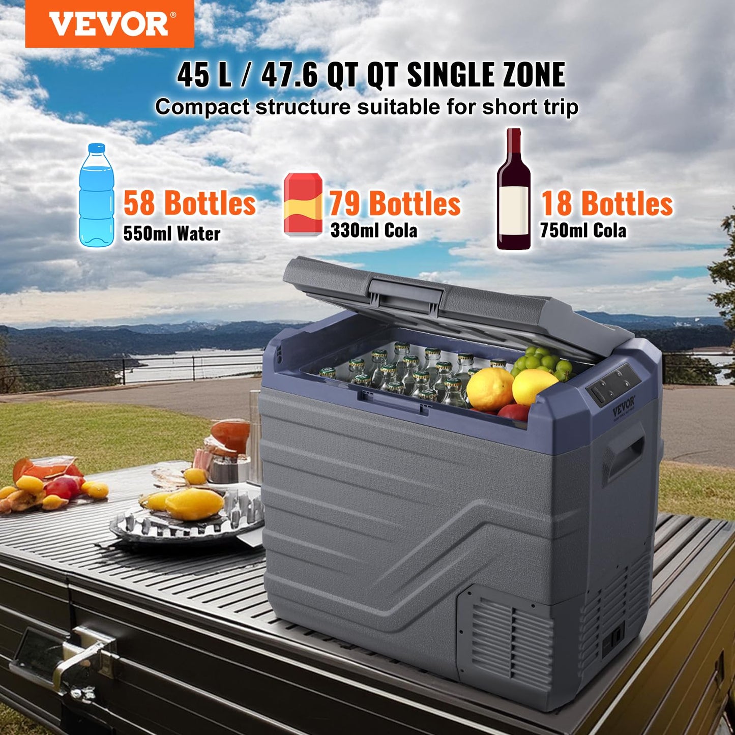 VEVOR Nevera de Compresión Portátil 45 L Mini Nevera para Coche 12/24V CC y 100-240V CA Caja Enfriadora de Zona Única Temperatura Ajustable de -20°C a 20°C para Camión Barco Casa Camping, Gris