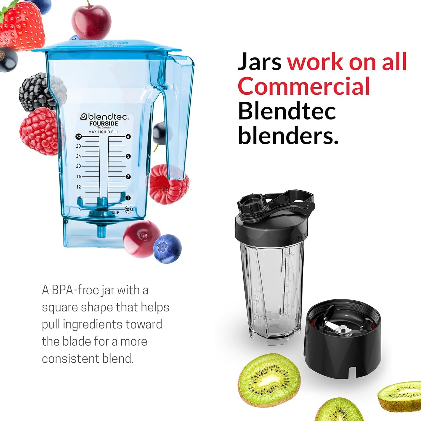 Blendtec 40-612-62 - Tarro de cuatro lados (75 onzas), acero inoxidable, color azul
