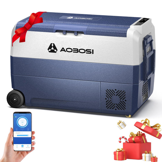 AAOBOSI 50l Nevera Portatil con Ruedas, Nevera Compresor con APP y Puerto USB, Nevera Camping 20 °C a -20 °C, 12/24V DC,100-240V AC, para Hogar, Camping, Viajes, Coche, Barco y Autocaravana,Zona únicr