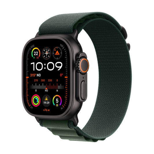 Apple Watch Ultra 2 GPS + Cellular Smartwatch, Reloj Deportivo con Caja de Titanio Negro Resistente de 49 mm y Correa Loop Alpine Verde Oscuro - Talla M. Monitor de entreno y Neutro en Carbono