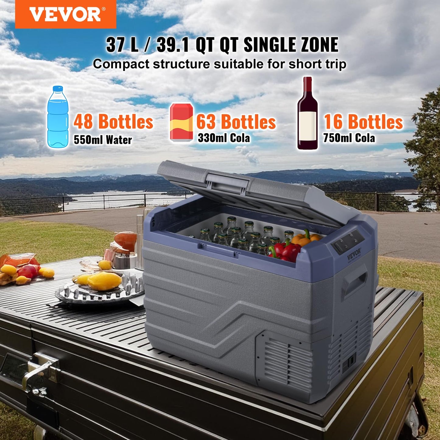 VEVOR Nevera de Compresión Portátil 37 L Mini Nevera para Coche 12/24V CC y 100-240V CA Caja Enfriadora de Zona Única Temperatura Ajustable de -20°C a 20°C para Camión Barco Casa 618 x 376 x 442 mm