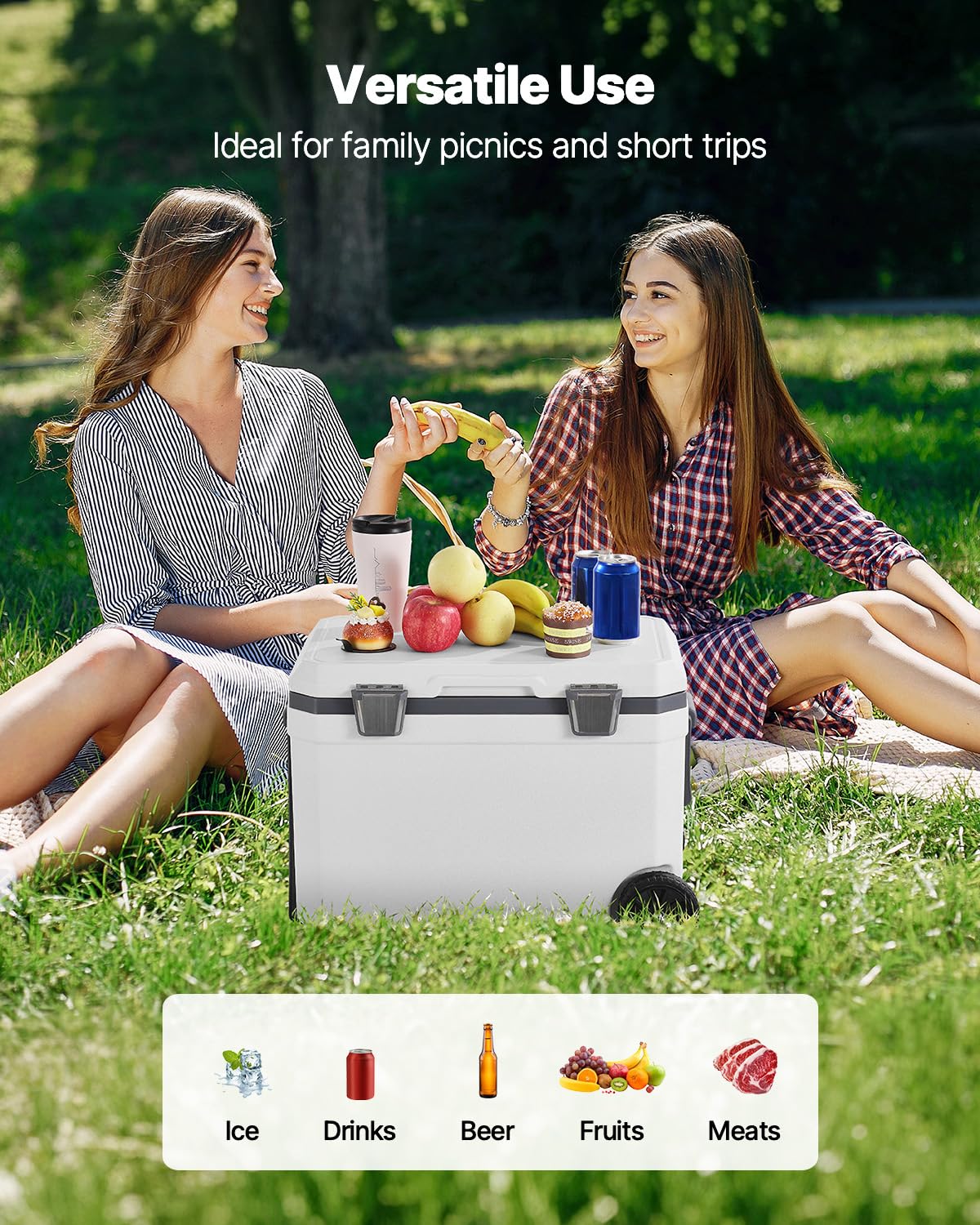 VEVOR Nevera Portátil con Ruedas de 45 Qt con Retención de Hielo con Asas Resistentes y Portavasos Enfriador Portátil Aislado de Material Rígido Liviano Adecuado para Pícnics Familiares, Viajes
