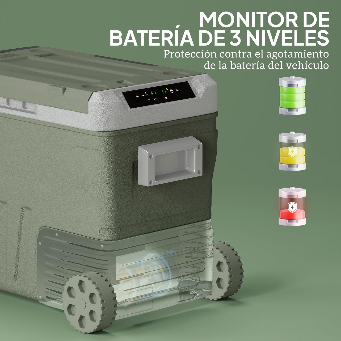 Outsunny Nevera Portátil Eléctrica 45L Refrigerador de Coche -20℃ a +20 ℃ 12V/24V Mini Frigorífico con Ruedas Compresor Pantalla LED Táctil para Hogar Camping Viajes Automóvil 64,5x43,5x53 cm Verde