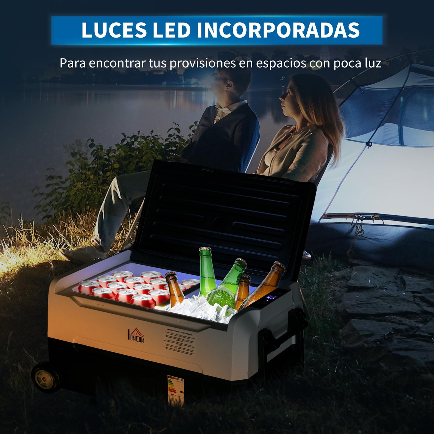 HOMCOM Nevera Compresor Portátil 30,5L Refrigerador de Coche -20℃-20℃ 12 / 24V DC y 100-240V CA con 2 Ruedas Asas y Compartimento Congelador para Camping Viajes 72,6x39x37,3 cm Negro