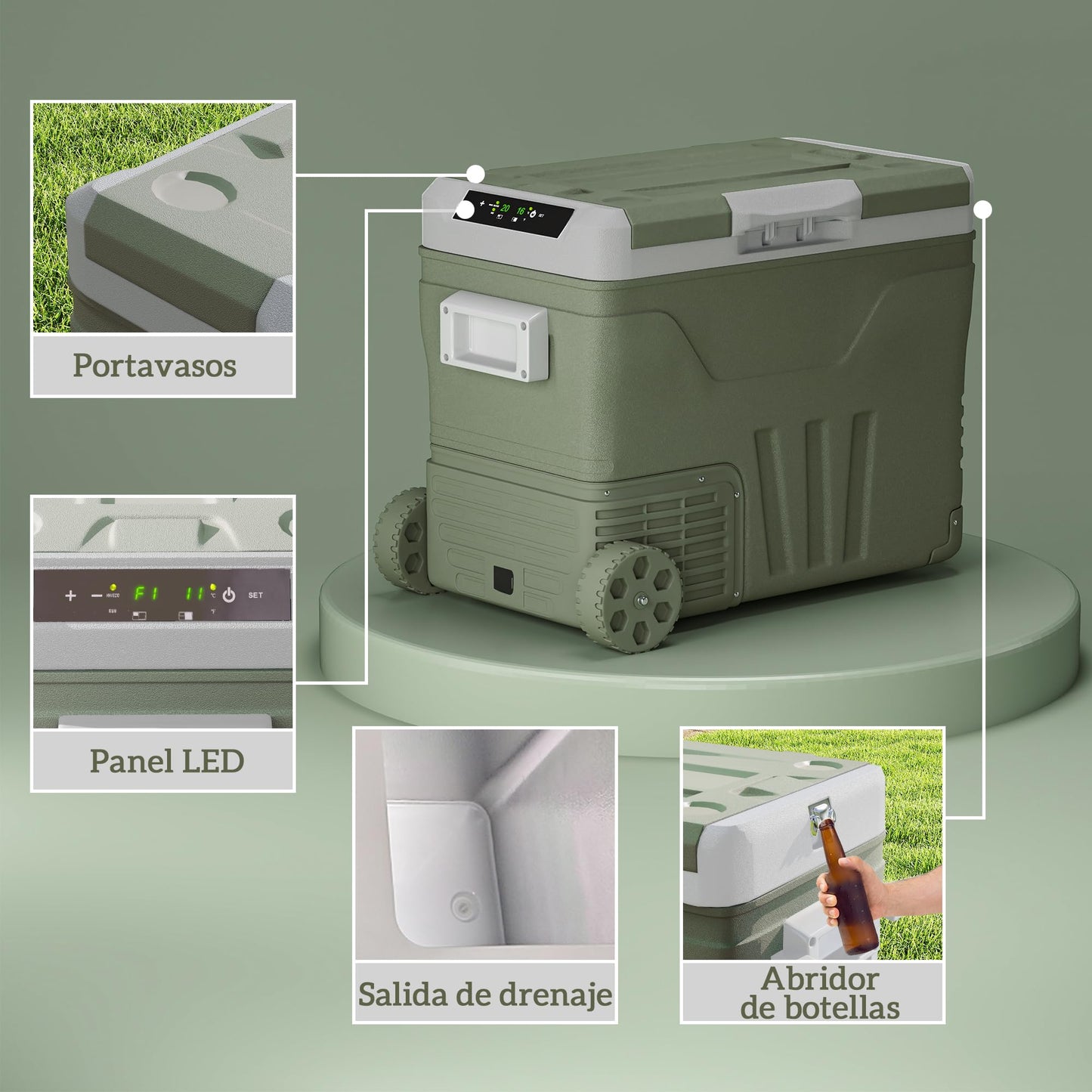 Outsunny Nevera Portátil Eléctrica 45L Refrigerador de Coche -20℃ a +20 ℃ 12V/24V Mini Frigorífico con Ruedas Compresor Pantalla LED Táctil para Hogar Camping Viajes Automóvil 64,5x43,5x53 cm Verde