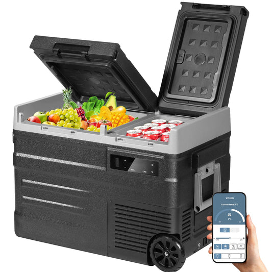 UD45 Nevera Portátil Eléctrica, 40,6L Refrigerador de Coche 12V/24V CC o 100-240V CA, -20ºC a 20ºC Mini Nevera de Coche Para Acampar, Viajar, Camión, Barco, Con Barra de Tracción y Ruedas - Negro