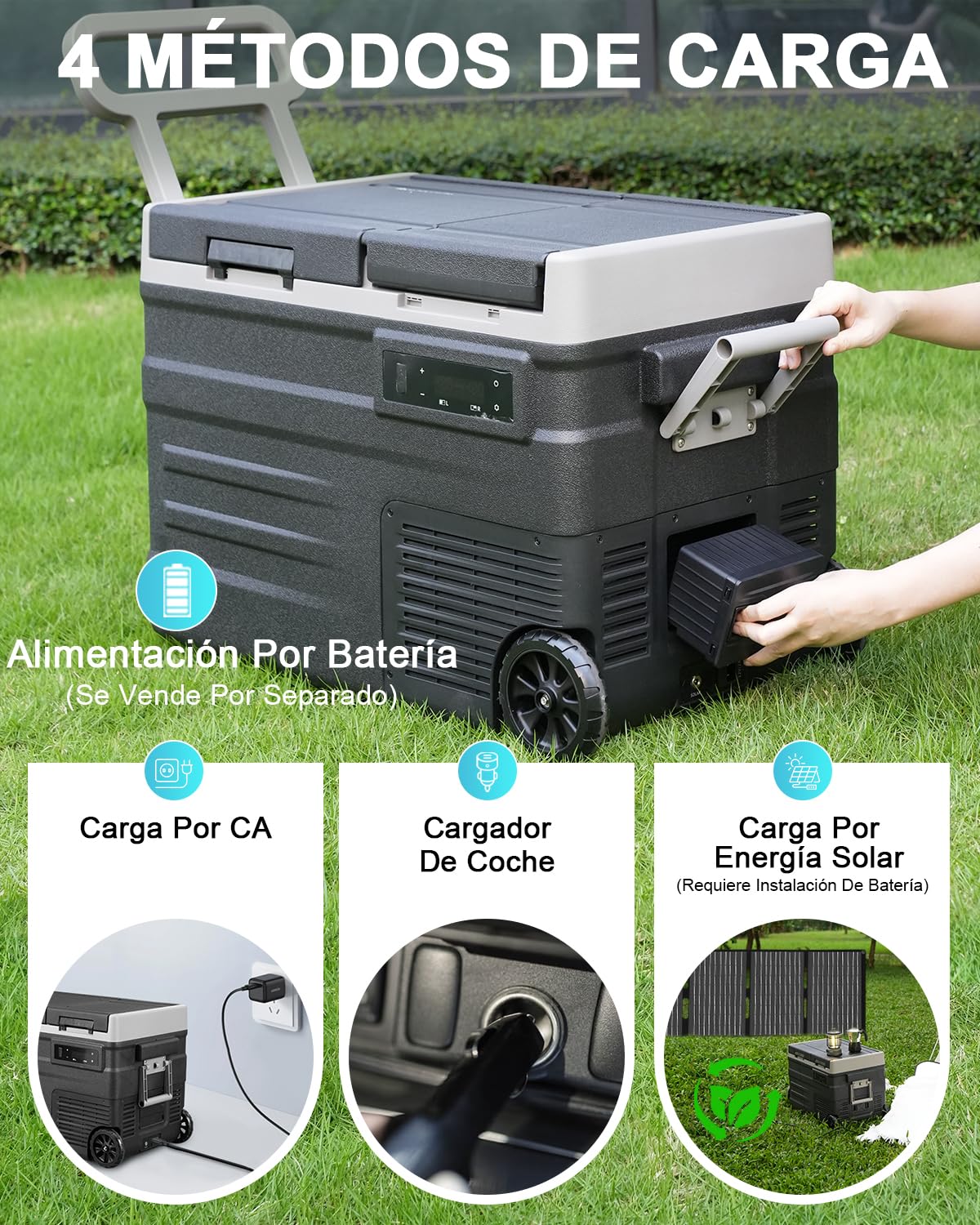 UD45 Nevera Portátil Eléctrica, 40,6L Refrigerador de Coche 12V/24V CC o 100-240V CA, -20ºC a 20ºC Mini Nevera de Coche Para Acampar, Viajar, Camión, Barco, Con Barra de Tracción y Ruedas - Negro