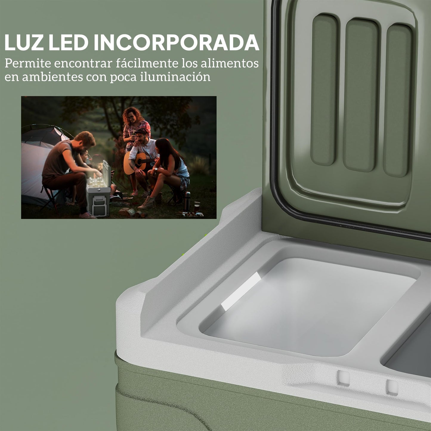 Outsunny Nevera Portátil Eléctrica 45L Refrigerador de Coche -20℃ a +20 ℃ 12V/24V Mini Frigorífico con Ruedas Compresor Pantalla LED Táctil para Hogar Camping Viajes Automóvil 64,5x43,5x53 cm Verde